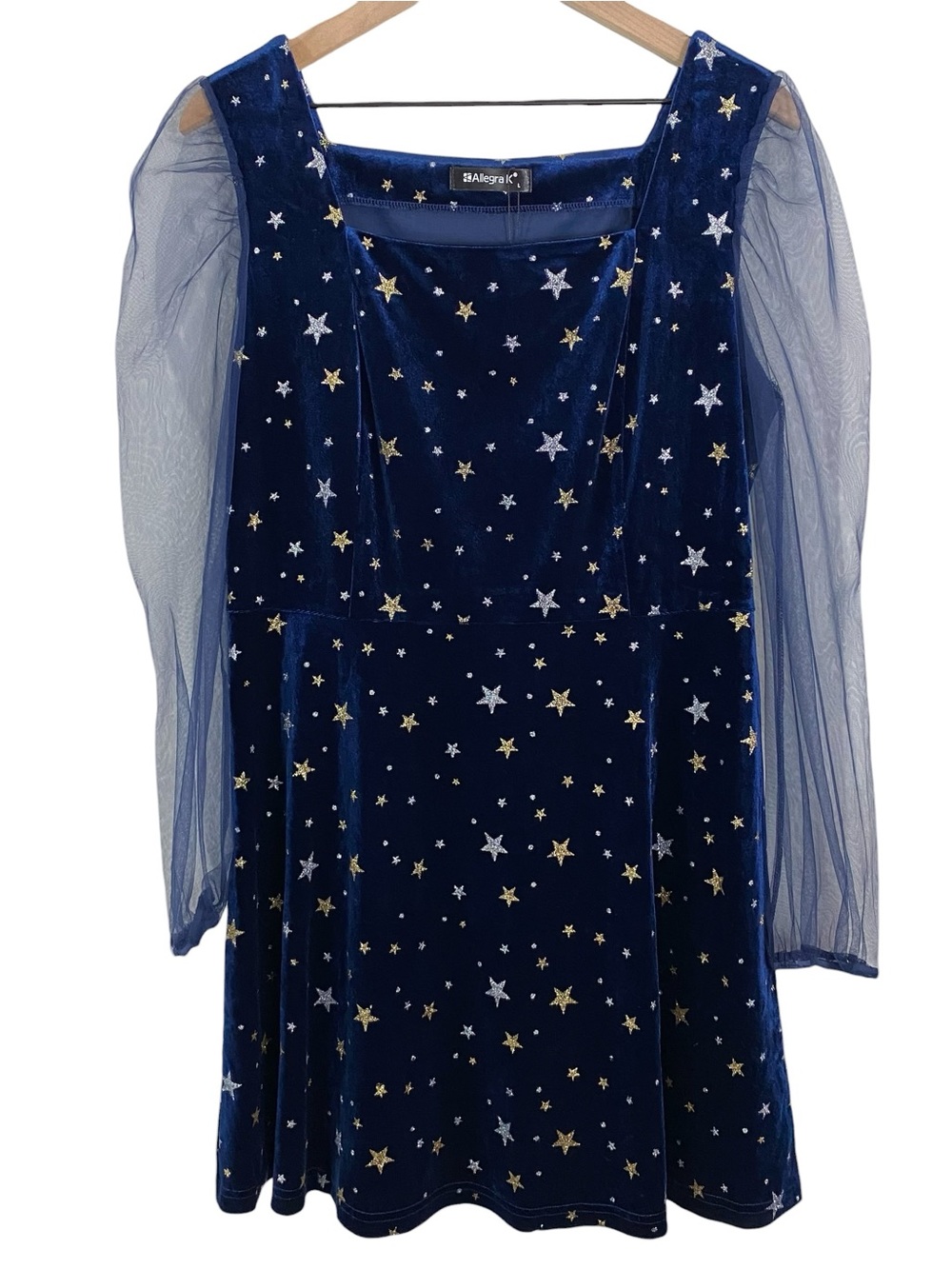 Allegra K Womens Mini Dress Size Large Blue Velvet Star Print Sheer Sleeve NWT